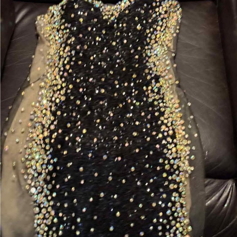 Glamorous Strapless Black Dress with Gold Accents